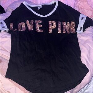 Black V-Neck T-Shirt with Pink Sequin Letters
